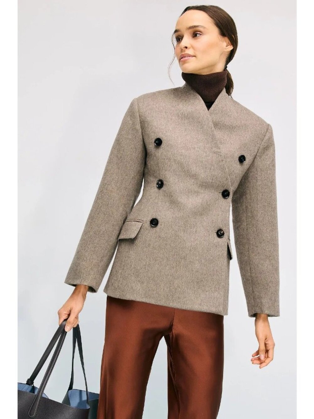 Co Sculptural Collarless Jacket in Oatmeal Small Womens Wool Blazer - Picture 15 of 16